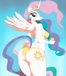 Size: 1452x1650 | Tagged: anthro, artist:sunibee, ass, bikini, breasts, butt, clothes, dead source, derpibooru import, female, gradient background, looking at you, looking back, praise the sun, princess celestia, sideboob, side-tie bikini, smiling, soda, solo, solo female, spread wings, stupid sexy celestia, suggestive, sunbutt, swimsuit, the ass was fat, thunder thighs, wide hips