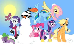 Size: 2048x1536 | Tagged: dead source, safe, artist:awesomeamz, artist:roxaskeyxiii, derpibooru import, applejack, fluttershy, pinkie pie, rainbow dash, rarity, spike, twilight sparkle, dragon, earth pony, pegasus, pony, unicorn, clothes, female, male, mane seven, mane six, mare, saddle, scarf, snow, snowman, sun, tack, unicorn twilight