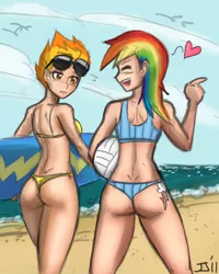Size: 600x750 | Tagged: artist:deeriojim, artist:johnjoseco, ass, beach, bikini, blue swimsuit, breasts, clothes, colored, color edit, cutie mark on human, derpibooru import, edit, female, firebutt, heart, human, humanized, lesbian, rainbow dash, shipping, spitdash, spitfire, suggestive, surfboard, swimsuit, thong swimsuit, yellow swimsuit