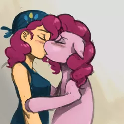 Size: 900x900 | Tagged: safe, artist:deeriojim, artist:kevinsano, derpibooru import, pinkie pie, human, pony, blushing, breasts, colored, female, human on pony action, human ponidox, humanized, humanized human on pony action, interspecies, kissing, lesbian, piepie, selfcest, shipping