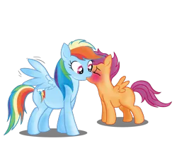 Size: 1601x1275 | Tagged: safe, artist:v-d-k, derpibooru import, rainbow dash, scootaloo, pegasus, pony, blushing, female, filly, kissing, lesbian, mare, mare on filly, scootadash, shipping, simple background, spread wings, surprise kiss, surprised, transparent background, wingboner, wings