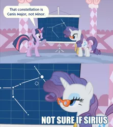 Size: 612x690 | Tagged: astronomy, comic, constellation, derpibooru import, duo, edit, edited screencap, glasses, measuring tape, meme, messy mane, pun, rarity, rarity's glasses, safe, screencap, screencap comic, suited for success, twilight sparkle