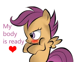 Size: 2468x1970 | Tagged: suggestive, artist:v-d-k, derpibooru import, scootaloo, pegasus, pony, blushing, female, filly, heart, implied foalcon, my body is ready, photoshop, reaction image, simple background, solo, solo female, transparent background