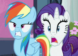 Size: 562x405 | Tagged: a canterlot wedding, animated, cropped, derpibooru import, duo, looking at each other, rainbow dash, rarity, reaction image, safe, screencap, shocked