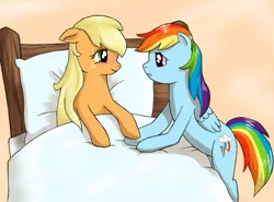 Size: 891x660 | Tagged: safe, artist:marikaefer, derpibooru import, applejack, rainbow dash, appledash, bed, female, lesbian, shipping, sick