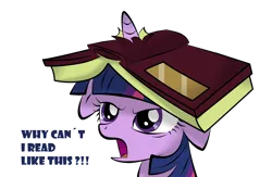 Size: 2026x1323 | Tagged: safe, artist:v-d-k, derpibooru import, twilight sparkle, pony, unicorn, angry, annoyed, book, cute, female, floppy ears, frown, glare, grumpy, horn impalement, madorable, mare, open mouth, simple background, solo, text, transparent background, twiabetes, unicorn twilight