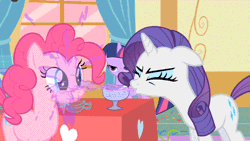 Size: 1024x576 | Tagged: animated, derpibooru import, drink, eyes closed, floppy ears, glass, no fucks, party of one, pinkie pie, rarity, safe, screencap, smiling, spit take, twilight sparkle, wat