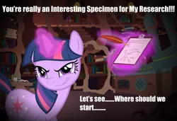Size: 1177x806 | Tagged: clipboard, derpibooru import, experiment, feather, human, image macro, lab, levitation, looking at you, magic, quill, suggestive, telekinesis, twilight sparkle