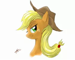 Size: 2800x2230 | Tagged: applejack, artist:metalfoxxx, bust, derpibooru import, high res, looking at you, portrait, profile, safe, simple background, solo
