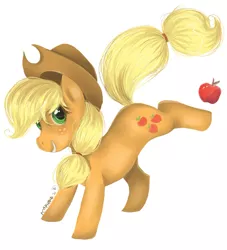 Size: 960x1055 | Tagged: apple, applejack, artist:kaphrin, derpibooru import, kick, obligatory apple, safe, simple background, solo