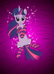 Size: 2604x3552 | Tagged: suggestive, artist:v-d-k, derpibooru import, twilight sparkle, pony, unicorn, artist's begins, blushing, clothes, female, glitter, high res, looking at you, mare, on back, photoshop, socks, solo, solo female, striped socks, unicorn twilight