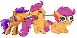 Size: 1400x700 | Tagged: artist needed, source needed, safe, derpibooru import, edit, scootaloo, pegasus, pony, blank flank, female, filly, foal, hooves, impossibly long tongue, licking, non-consensual licking, prone, self ponidox, simple background, solo, spread wings, standing, tongue out, wat, white background, wings