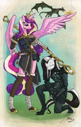 Size: 630x986 | Tagged: anthro, artist:mingchee, clothes, commission, crossover, derpibooru import, dragon, female, hooves, kneeling, oc, princess cadance, safe, skyrim, spread wings, staff, the elder scrolls, unguligrade anthro, wings
