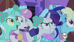 Size: 500x282 | Tagged: a canterlot wedding, animated, bouquet, bridesmaid dress, catching the bouquet, clothes, derpibooru import, dress, eclair créme, edit, edited screencap, element of generosity, embarrassed, extreme speed animation, glare, greedity, hub logo, insanity, jangles, lyra heartstrings, mine!, minuette, rarisnap, rarity, safe, screencap, twinkleshine