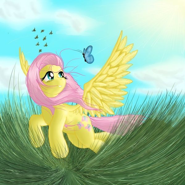 Size: 1024x1024 | Tagged: safe, artist:dasdreadnought, derpibooru import, fluttershy, butterfly, pegasus, pony, female, flying, grass field, head turn, looking at something, looking up, mare, smiling, solo, spread wings, stray strand, three quarter view, windswept mane, wings