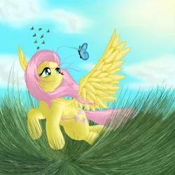 Size: 1024x1024 | Tagged: safe, artist:dasdreadnought, derpibooru import, fluttershy, butterfly, pegasus, pony, female, flying, grass field, head turn, looking at something, looking up, mare, smiling, solo, spread wings, stray strand, three quarter view, windswept mane, wings