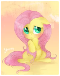 Size: 465x585 | Tagged: dead source, safe, artist:mn27, derpibooru import, fluttershy, pegasus, pony, blushing, female, filly, floppy ears, foal, mare, sad, sitting, solo