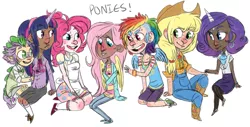 Size: 1230x627 | Tagged: applejack, apron, artist:glynn, bowtie, clothes, derpibooru import, fluttershy, horned humanization, humanized, jeans, mane seven, mane six, mary janes, mohawk, overalls, pinkie pie, rainbow dash, rarity, safe, skirt, spike, stockings, sweater, sweatershy, thick eyebrows, tube skirt, twilight sparkle, winged humanization, wristband