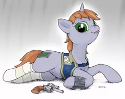 Size: 1004x800 | Tagged: safe, artist:ecmajor, artist:fieryeel, derpibooru import, oc, oc:littlepip, unofficial characters only, pony, unicorn, fallout equestria, fanfic, clothes, fanfic art, female, gradient background, gun, handgun, hooves, horn, little macintosh, lying down, mare, optical sight, pipbuck, pistol, revolver, socks, solo, striped socks, tongue out, vault suit, weapon