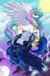 Size: 600x901 | Tagged: safe, artist:kaijusamurai, derpibooru import, princess celestia, princess luna, alicorn, pony, contrast, duo, duo female, female, lightning, moon, sisters, sun