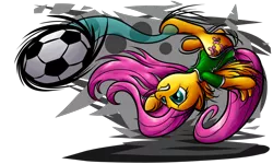 Size: 1920x1152 | Tagged: safe, artist:nuclearsuplexattack, derpibooru import, fluttershy, pegasus, pony, abstract background, ball, bicycle kick, clothes, football, frown, gritted teeth, kick, kicking, lip bite, shirt, simple background, solo, sports, transparent background, upside down