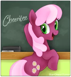 Size: 1045x1134 | Tagged: dead source, safe, artist:mn27, derpibooru import, cheerilee, earth pony, pony, chalkboard, cheeribetes, cute, female, happy, looking at you, looking back, mare, photoshop, rearing, solo