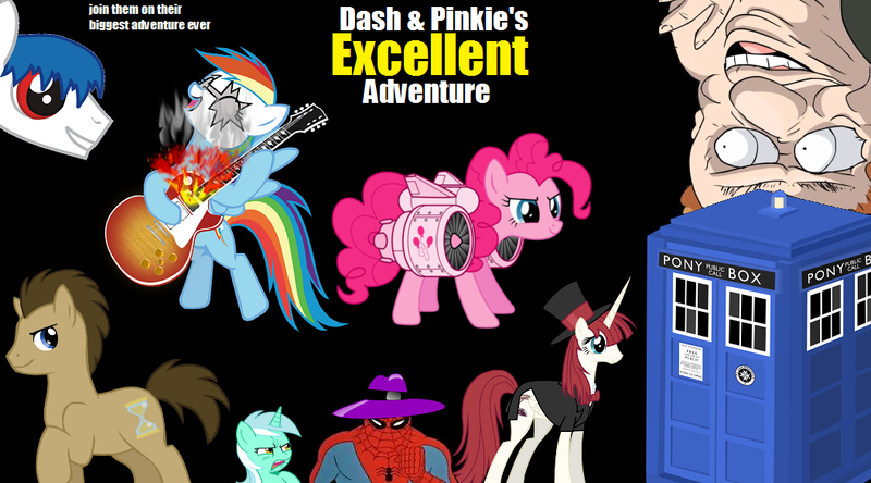 Size: 1055x585 | Tagged: bill and ted, bill and ted's excellent adventure, clyde, derpibooru import, doctor whooves, lauren faust, lyra heartstrings, movie, oc, oc:roboshi, pinkie pie, ponified, rainbow dash, safe, spider-man, time turner