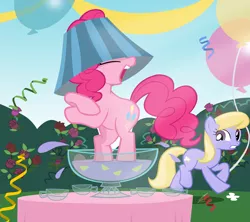 Size: 3371x3000 | Tagged: safe, artist:kas92, derpibooru import, screencap, cloud kicker, pinkie pie, earth pony, pony, ponyville confidential, animation error, duo, eyes closed, female, hat, high res, lampshade, lampshade hat, mare, punch (drink), punch bowl, solo focus, vector