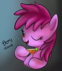 Size: 668x761 | Tagged: source needed, safe, artist:mn27, derpibooru import, berry punch, berryshine, earth pony, pony, alcohol, blushing, drunk, female, glass, gradient background, mare, one eye closed, solo