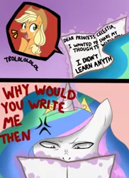 Size: 600x824 | Tagged: safe, artist:musapan, derpibooru import, applejack, princess celestia, alicorn, earth pony, pony, appletroll, comic, cross-popping veins, duo, duo female, female, i didn't learn anything, letter, mare, this will end in tears and/or a journey to the moon, trolling
