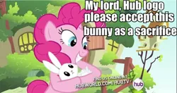 Size: 498x263 | Tagged: angel bunny, derpibooru import, edit, edited screencap, fourth wall, hubble, hub logo, pinkie pie, sacrifice, safe, screencap, the hub