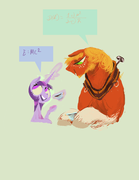 Size: 2550x3300 | Tagged: safe, artist:shemhamferosh, derpibooru import, big macintosh, twilight sparkle, earth pony, pony, unicorn, cup, dialogue, female, floppy ears, food, high res, levitation, magic, male, mare, math, open mouth, shipping, simple background, speech bubble, stallion, straight, tea, telekinesis, twimac