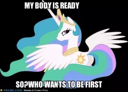 Size: 600x430 | Tagged: artist needed, source needed, suggestive, derpibooru import, princess celestia, alicorn, pony, bedroom eyes, black background, crown, ethereal mane, female, jewelry, looking over shoulder, mare, my body is ready, regalia, simple background, spread wings, wings