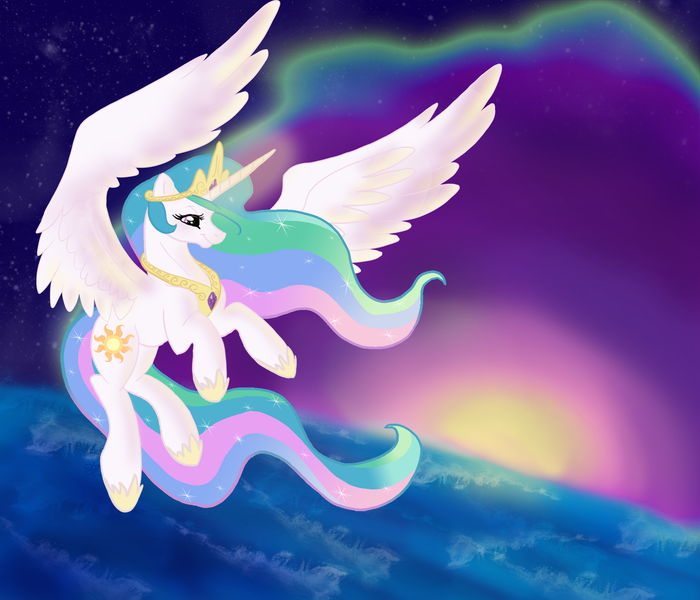 Size: 3951x3385 | Tagged: artist:cluttercluster, aurora borealis, derpibooru import, high res, princess celestia, safe, solo