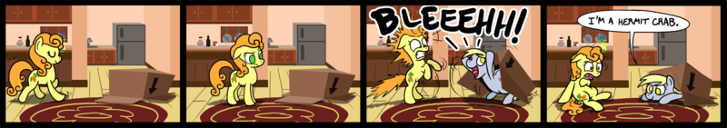 Size: 2341x414 | Tagged: safe, artist:zicygomar, derpibooru import, carrot top, derpy hooves, golden harvest, pegasus, pony, box, cardboard box, comic, cute, female, hermit crab, hilarious in hindsight, mare, pony in a box, rug, scared, sink