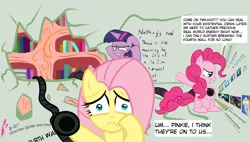 Size: 1364x773 | Tagged: safe, artist:tiarawhy, derpibooru import, fluttershy, pinkie pie, twilight sparkle, pony, deviantart, fourth wall, fourth wall destruction, looking at you