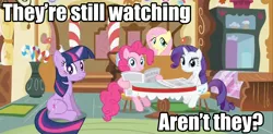 Size: 1920x944 | Tagged: safe, derpibooru import, edit, edited screencap, screencap, fluttershy, pinkie pie, rarity, twilight sparkle, earth pony, pony, unicorn, ponyville confidential, breaking the fourth wall, female, fourth wall, image macro, looking at you, mare, newspaper, quartet, unicorn twilight