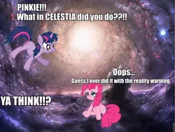 Size: 960x720 | Tagged: safe, derpibooru import, pinkie pie, twilight sparkle, earth pony, pony, unicorn, female, fourth wall, mare, reality, reality warp, space, spacetime, unicorn twilight, wormhole