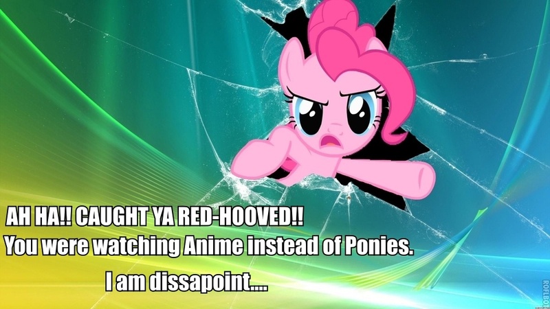 Size: 960x540 | Tagged: anime, bronybait, derpibooru import, fourth wall, fourth wall destruction, i am disappoint, image macro, impact font, meme, pinkie pie, safe, time for ponies, windows, windows vista