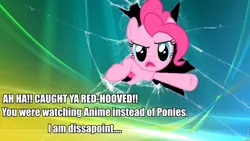 Size: 960x540 | Tagged: anime, bronybait, derpibooru import, fourth wall, fourth wall destruction, i am disappoint, image macro, impact font, meme, pinkie pie, safe, time for ponies, windows, windows vista