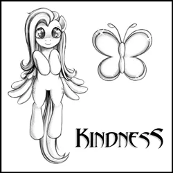 Size: 700x700 | Tagged: safe, artist:rainbow, derpibooru import, fluttershy, butterfly, pegasus, pony, bipedal, cute, cutie mark, female, full face view, hooves to the chest, looking at you, mare, monochrome, shyabetes, simple background, smiling, solo, white background, wings