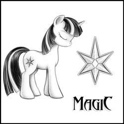 Size: 700x700 | Tagged: safe, artist:rainbow, derpibooru import, twilight sparkle, pony, unicorn, eyes closed, female, g4, grayscale, mare, monochrome, raised hoof, simple background, solo, unicorn twilight, white background