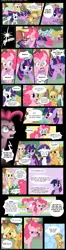 Size: 882x3321 | Tagged: safe, artist:musapan, derpibooru import, applejack, fluttershy, pinkie pie, rarity, twilight sparkle, earth pony, pegasus, pony, unicorn, fanfic:cupcakes, comic, female, mare, swirly eyes, unicorn twilight