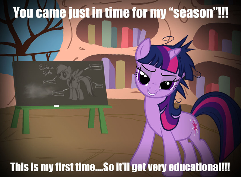 Size: 1083x795 | Tagged: bedroom eyes, book, bookcase, bookshelf, chalk, chalkboard, derpibooru import, estrus, golden oaks library, grin, image macro, imminent rape, looking at you, meme, messy mane, random, seduce, smiling, standing, suggestive, twilight snapple, twilight sparkle, window