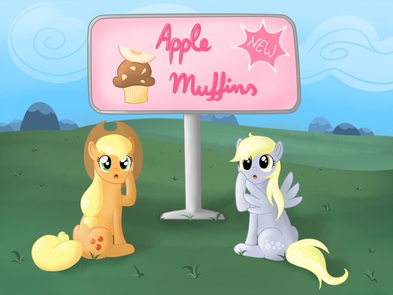 Size: 1000x750 | Tagged: safe, artist:marikaefer, derpibooru import, applejack, derpy hooves, pegasus, pony, apple muffin, female, mare, sign