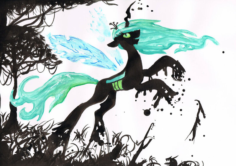 Size: 1024x719 | Tagged: safe, artist:yuzukimadoko, derpibooru import, queen chrysalis, changeling, changeling queen, female, floppy ears, image, jpeg, rearing, smiling, solo, traditional art, wind, windswept mane