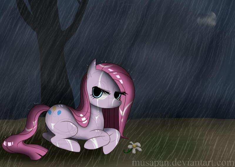 Size: 1067x759 | Tagged: safe, artist:musapan, derpibooru import, pinkie pie, earth pony, pony, female, flower, mare, pinkamena diane pie, prone, rain, solo, tree, wet mane