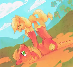 Size: 894x819 | Tagged: dead source, safe, artist:feyrah, derpibooru import, applejack, big macintosh, earth pony, pony, apple tree, balancing, brother and sister, cloud, cloudy, cute, duo, eyes closed, female, filly, foal, freckles, happy, hill, jackabetes, macabetes, male, mare, on back, open mouth, playing, smiling, stallion, tree, weapons-grade cute, yoke, younger