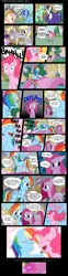 Size: 877x3549 | Tagged: safe, artist:musapan, derpibooru import, bon bon, derpy hooves, dinky hooves, fluttershy, lyra heartstrings, minuette, pinkie pie, rainbow dash, rarity, sweetie drops, twilight sparkle, earth pony, pegasus, pony, unicorn, fanfic:cupcakes, book, comic, female, filly, happy, mare, pinkamena diane pie, sad