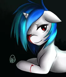 Size: 681x797 | Tagged: semi-grimdark, artist:spittfireart, derpibooru import, vinyl scratch, pony, unicorn, blood, crying, female, looking back, mare, one eye closed, prone, solo, tears of blood, wrong eye color